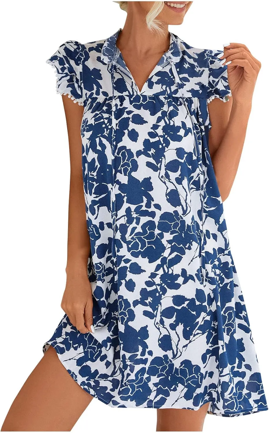 Women Trendy Layered Ruffle Cap Sleeve T-Shirt Dress Summer Boho Floral Drawstring Stand Collar Casual Mini Dresses