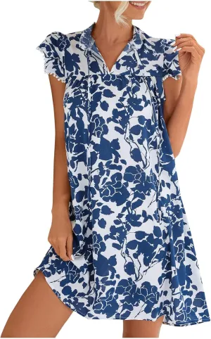 Women Trendy Layered Ruffle Cap Sleeve T-Shirt Dress Summer Boho Floral Drawstring Stand Collar Casual Mini Dresses