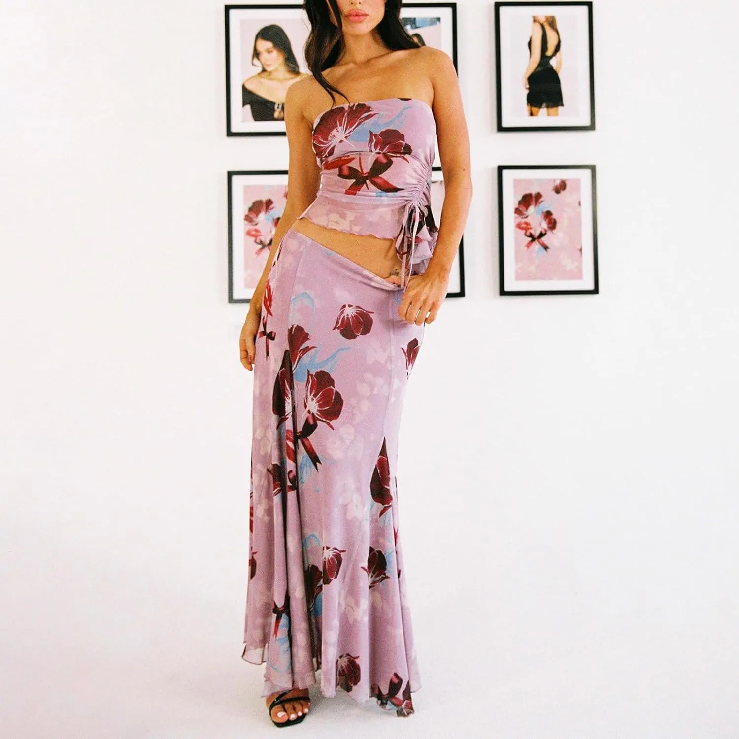 Women Y2k 2 Piece Maxi Skirt Set Floral Crop Top Bodycon Long Skirt Going Out Streetwear Outfits
