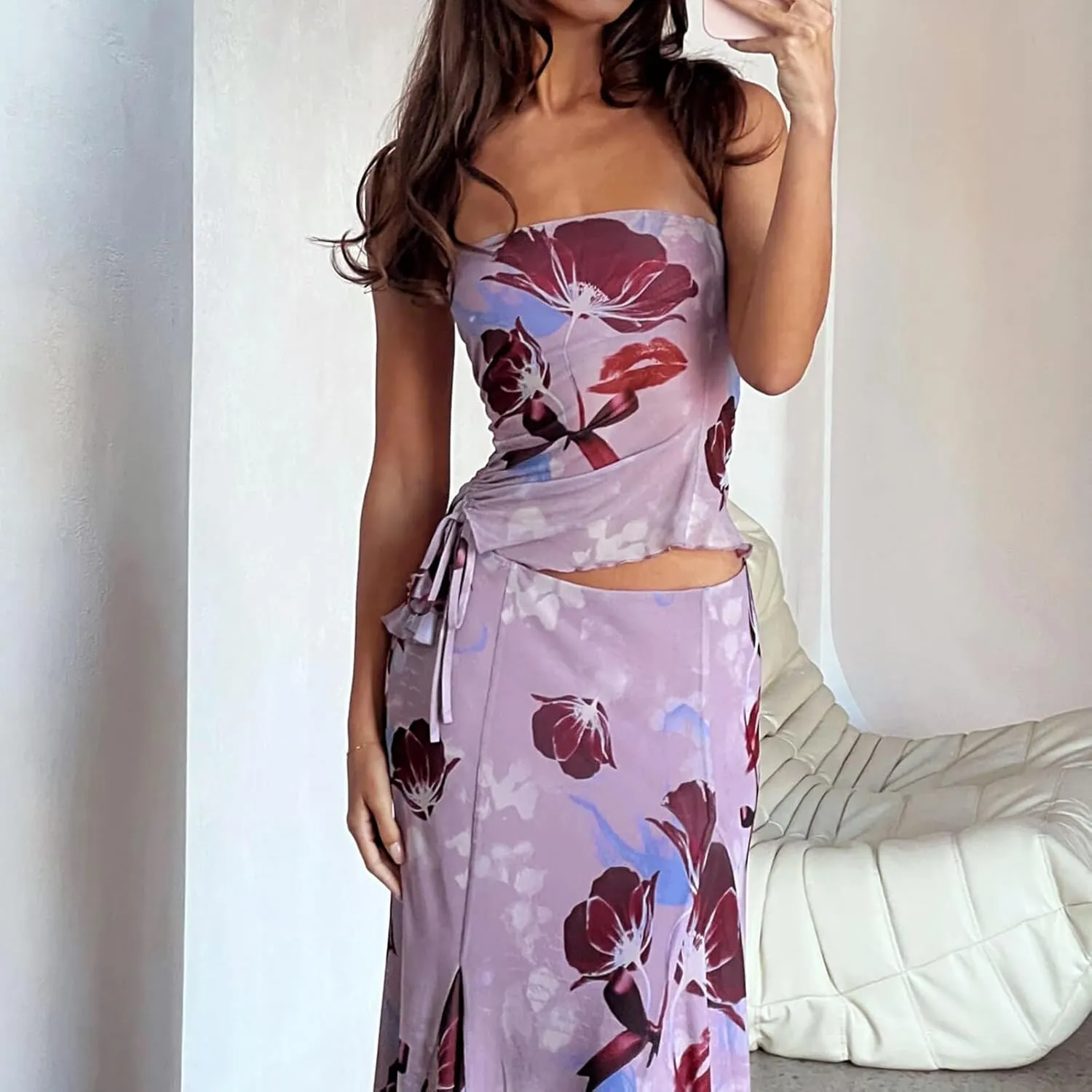 Women Y2k 2 Piece Maxi Skirt Set Floral Crop Top Bodycon Long Skirt Going Out Streetwear Outfits