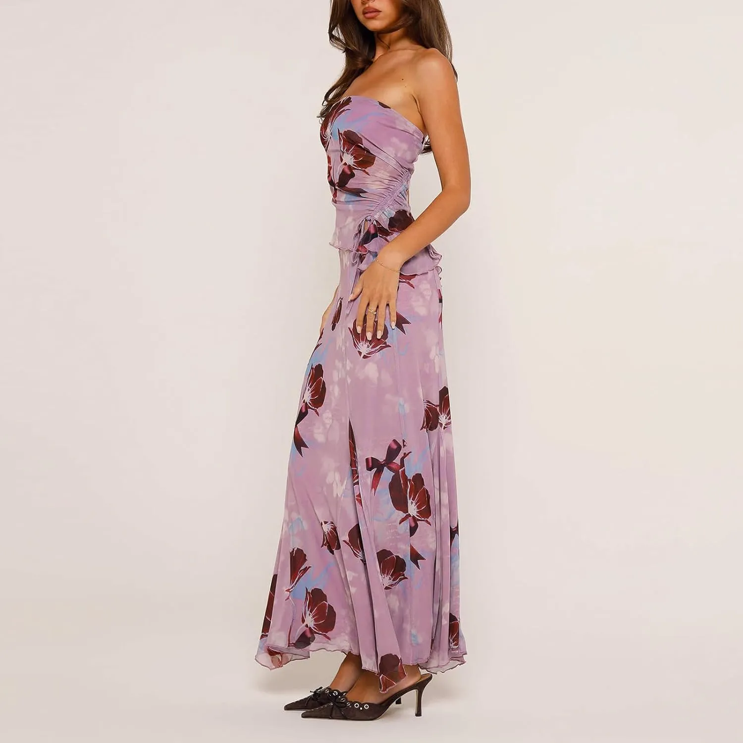 Women Y2k 2 Piece Maxi Skirt Set Floral Crop Top Bodycon Long Skirt Going Out Streetwear Outfits