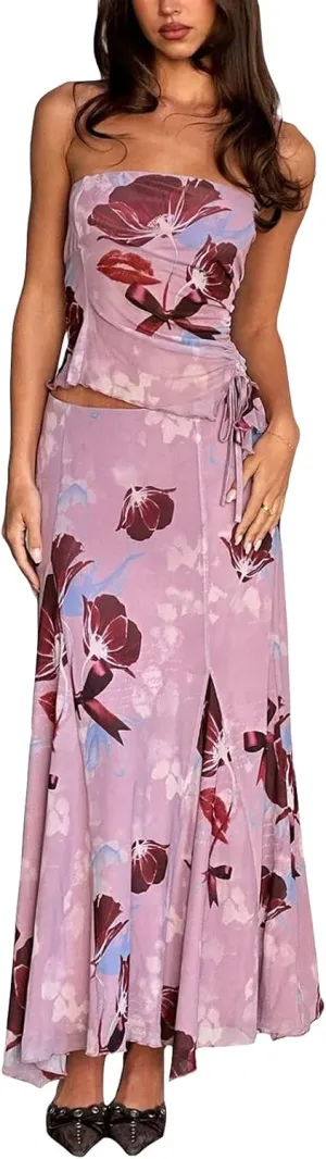 Women Y2k 2 Piece Maxi Skirt Set Floral Crop Top Bodycon Long Skirt Going Out Streetwear Outfits