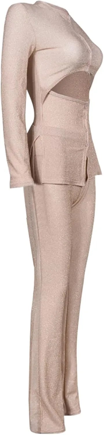 Womens 2 Piece Outfits Cut Out Casual Lady Business Suits Long Sleeve Slim Fit Sparkly Office Work Sets