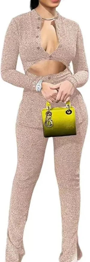 Womens 2 Piece Outfits Cut Out Casual Lady Business Suits Long Sleeve Slim Fit Sparkly Office Work Sets