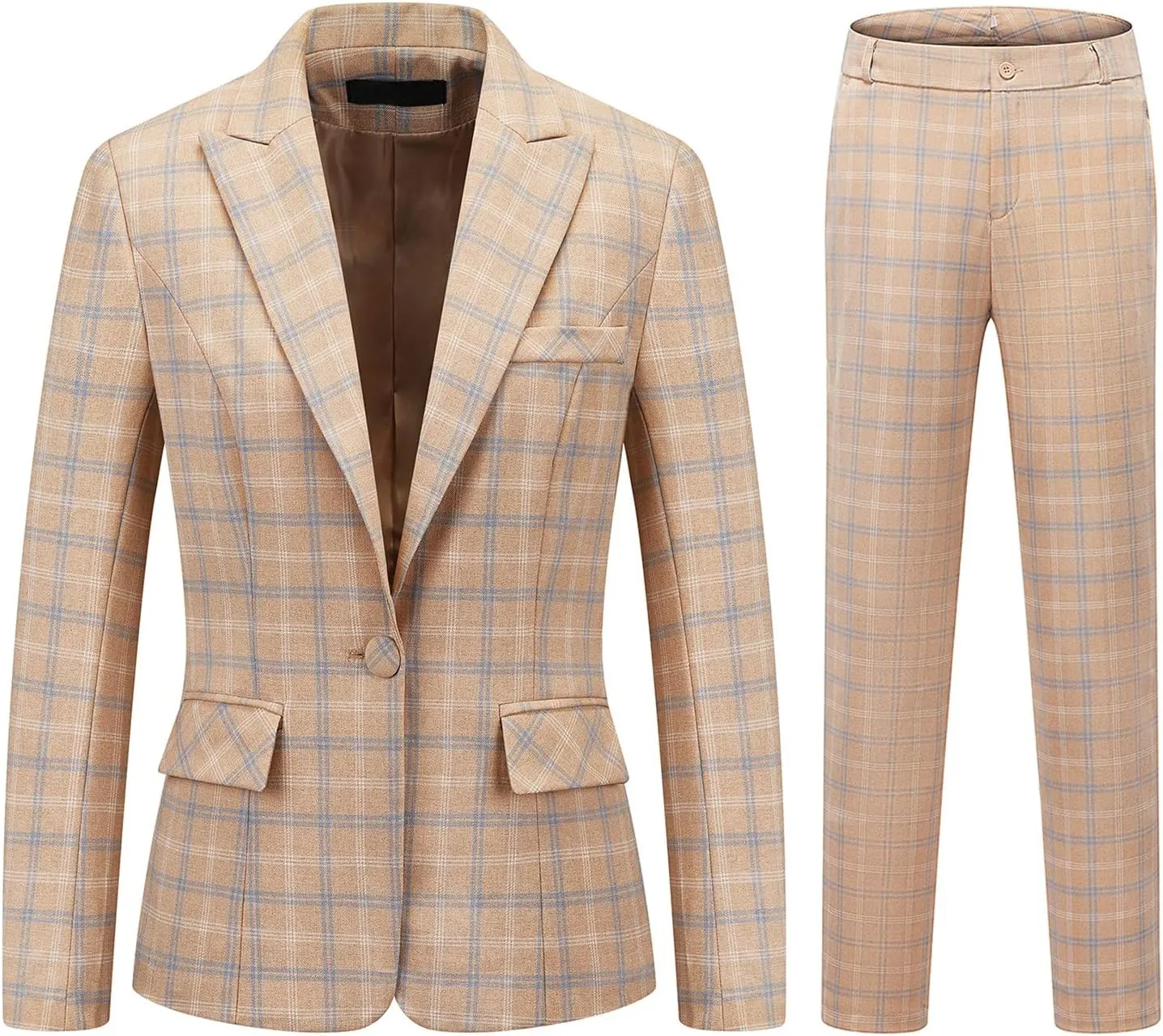 Womens 2 Piece Plaid Suits Set Business Office One Button Blazer Jacket Casual Long Sleeve Pant Suit Set