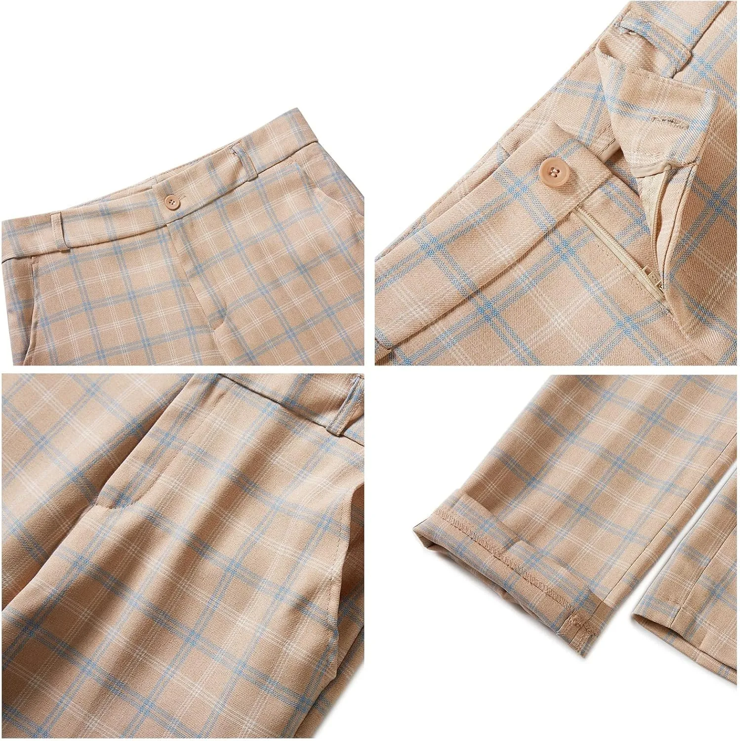 Womens 2 Piece Plaid Suits Set Business Office One Button Blazer Jacket Casual Long Sleeve Pant Suit Set