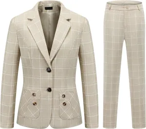 Womens 2 Piece Plaid Suits Set Business Office One Button Blazer Jacket Casual Long Sleeve Pant Suit Set