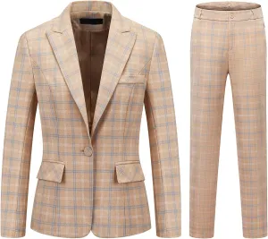 Womens 2 Piece Plaid Suits Set Business Office One Button Blazer Jacket Casual Long Sleeve Pant Suit Set