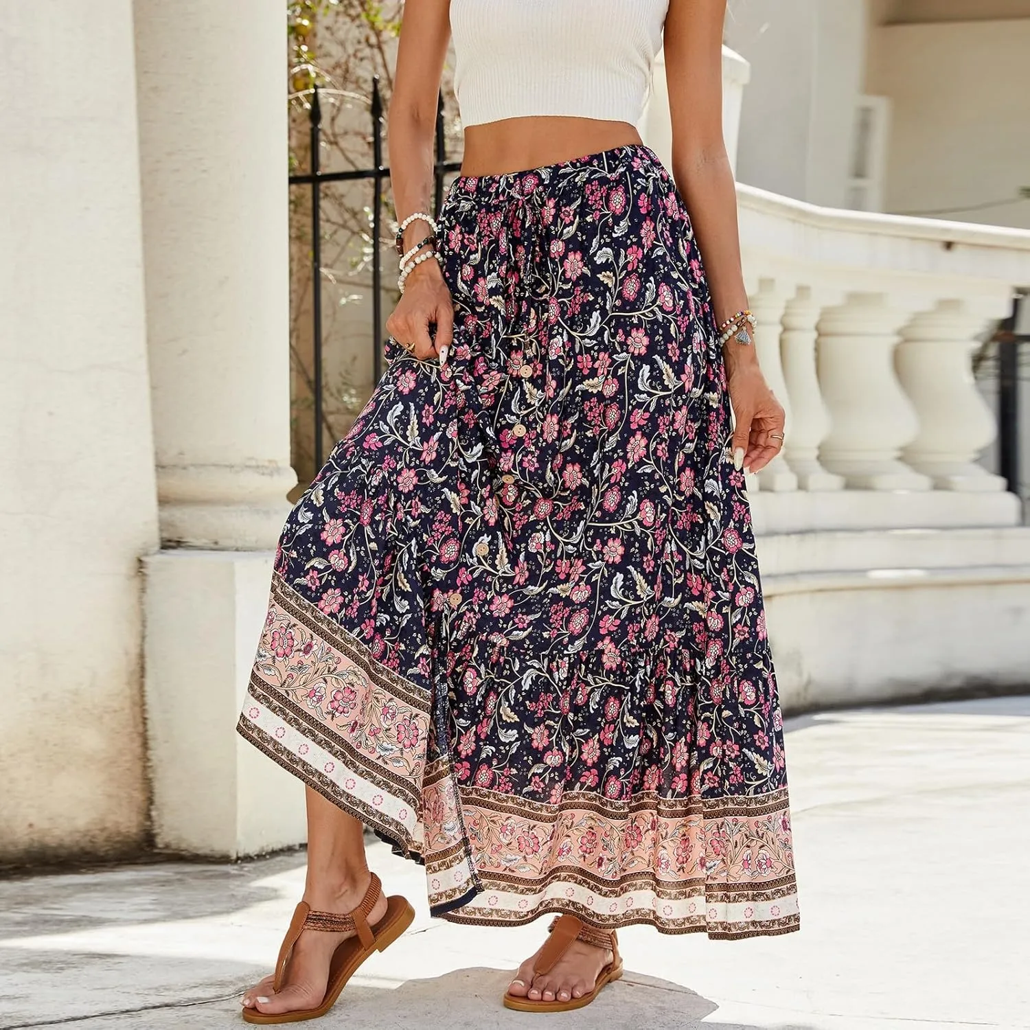 Women's 2025 Boho Skirt High Waist Floral Pleated Tiered Beach Flowy A Line Maxi Skirt, S-XL