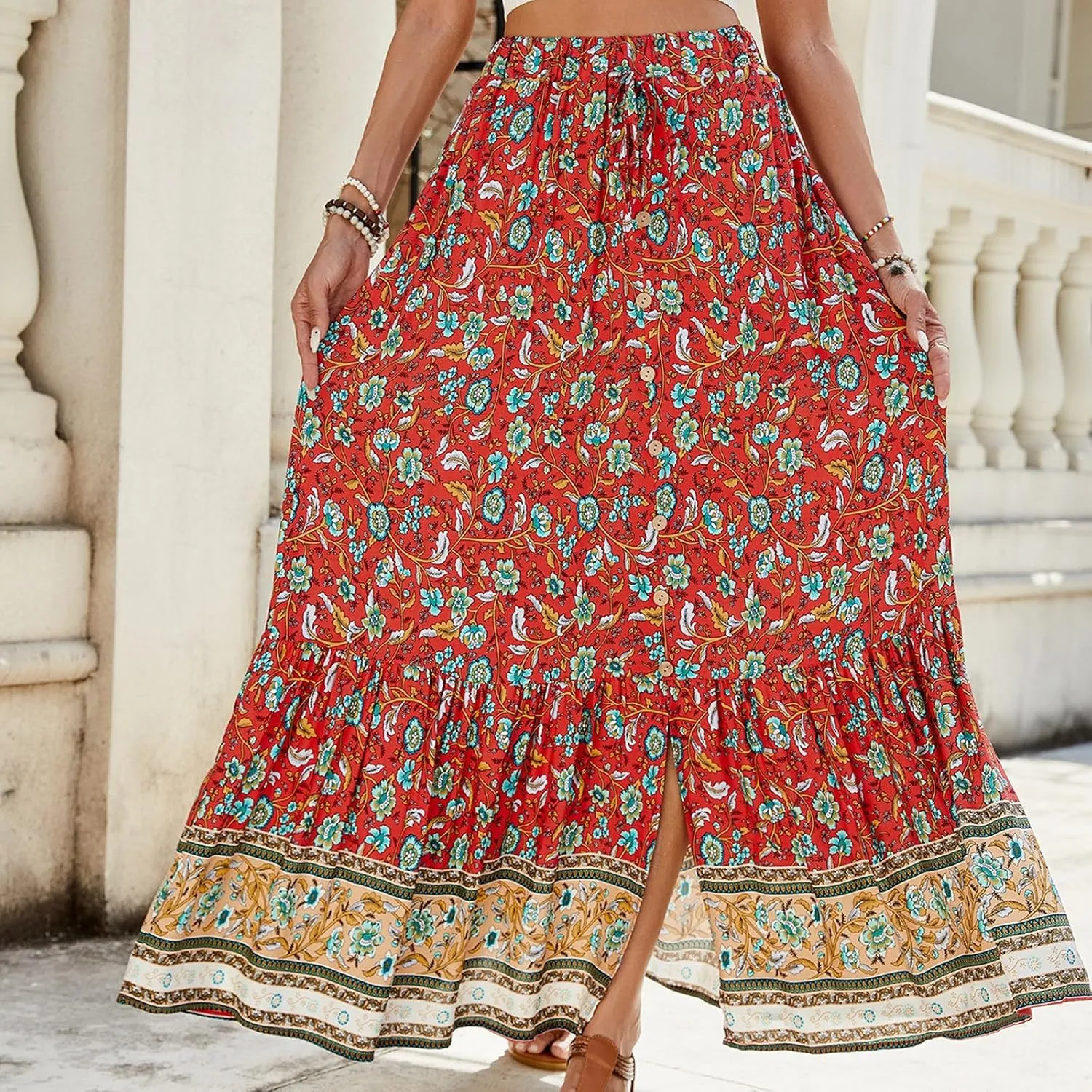 Women's 2025 Boho Skirt High Waist Floral Pleated Tiered Beach Flowy A Line Maxi Skirt, S-XL