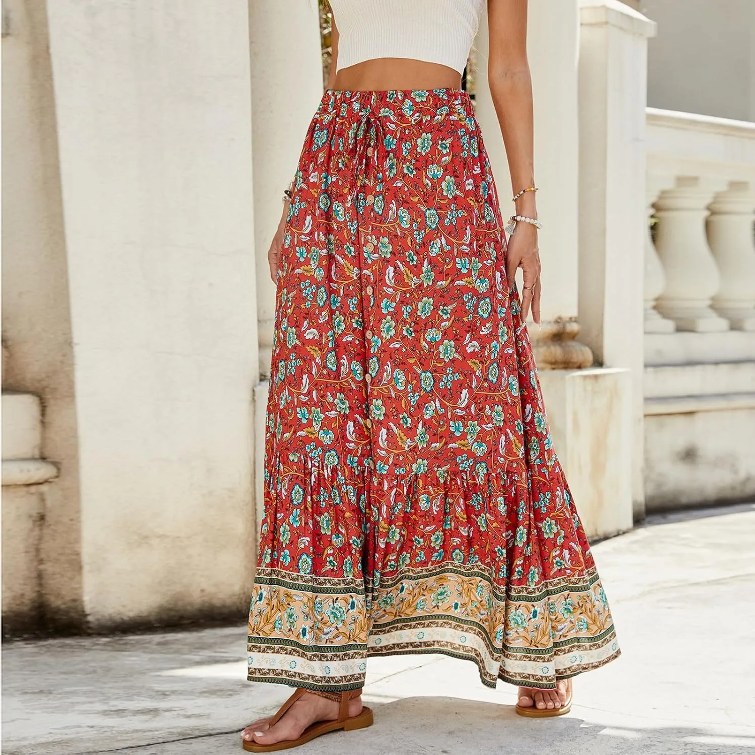 Women's 2025 Boho Skirt High Waist Floral Pleated Tiered Beach Flowy A Line Maxi Skirt, S-XL