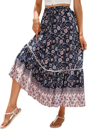 Women's 2025 Boho Skirt High Waist Floral Pleated Tiered Beach Flowy A Line Maxi Skirt, S-XL