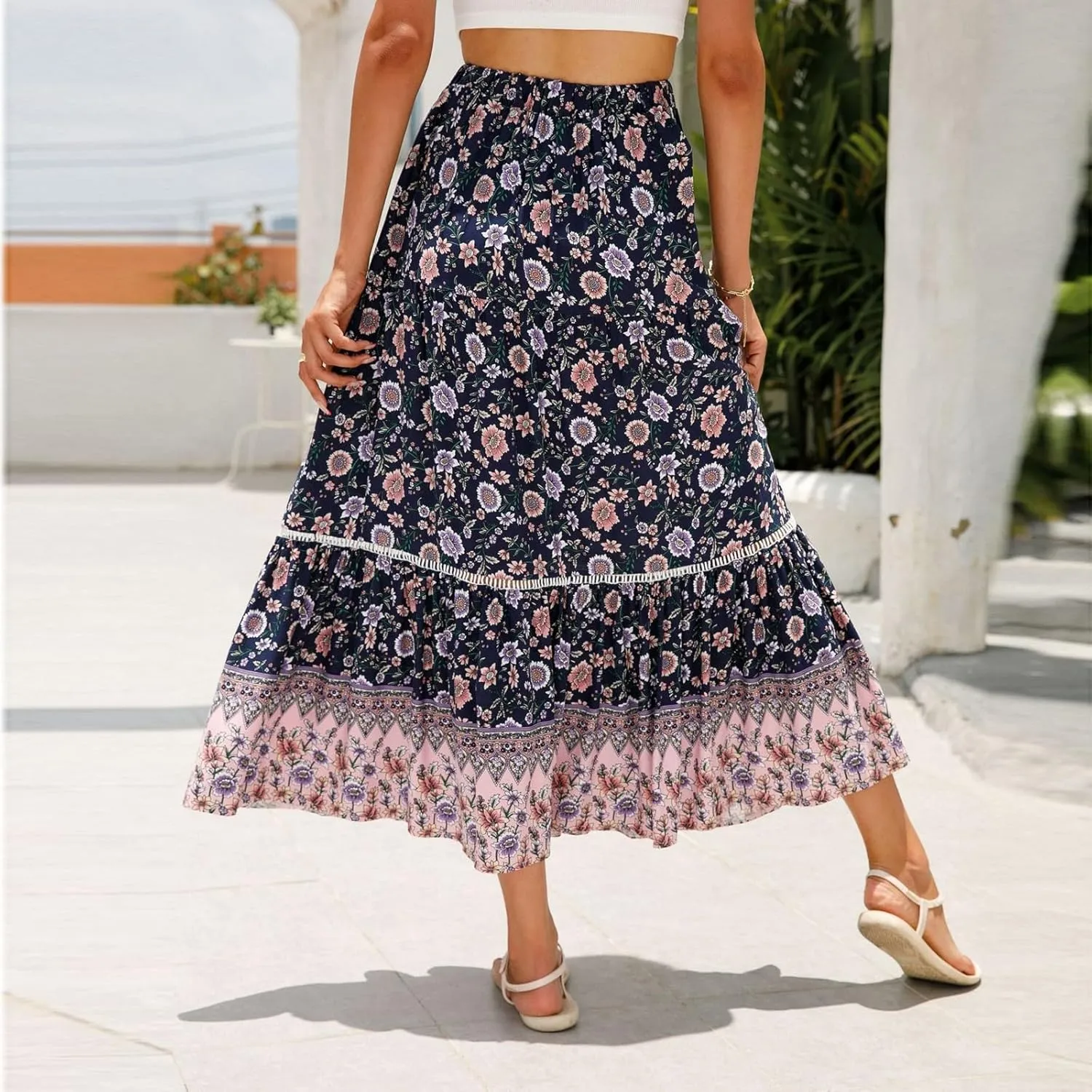 Women's 2025 Boho Skirt High Waist Floral Pleated Tiered Beach Flowy A Line Maxi Skirt, S-XL