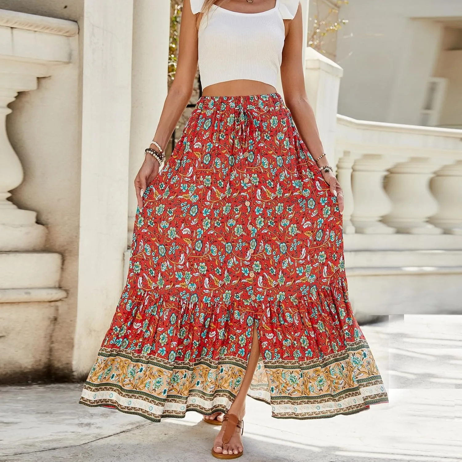 Women's 2025 Boho Skirt High Waist Floral Pleated Tiered Beach Flowy A Line Maxi Skirt, S-XL