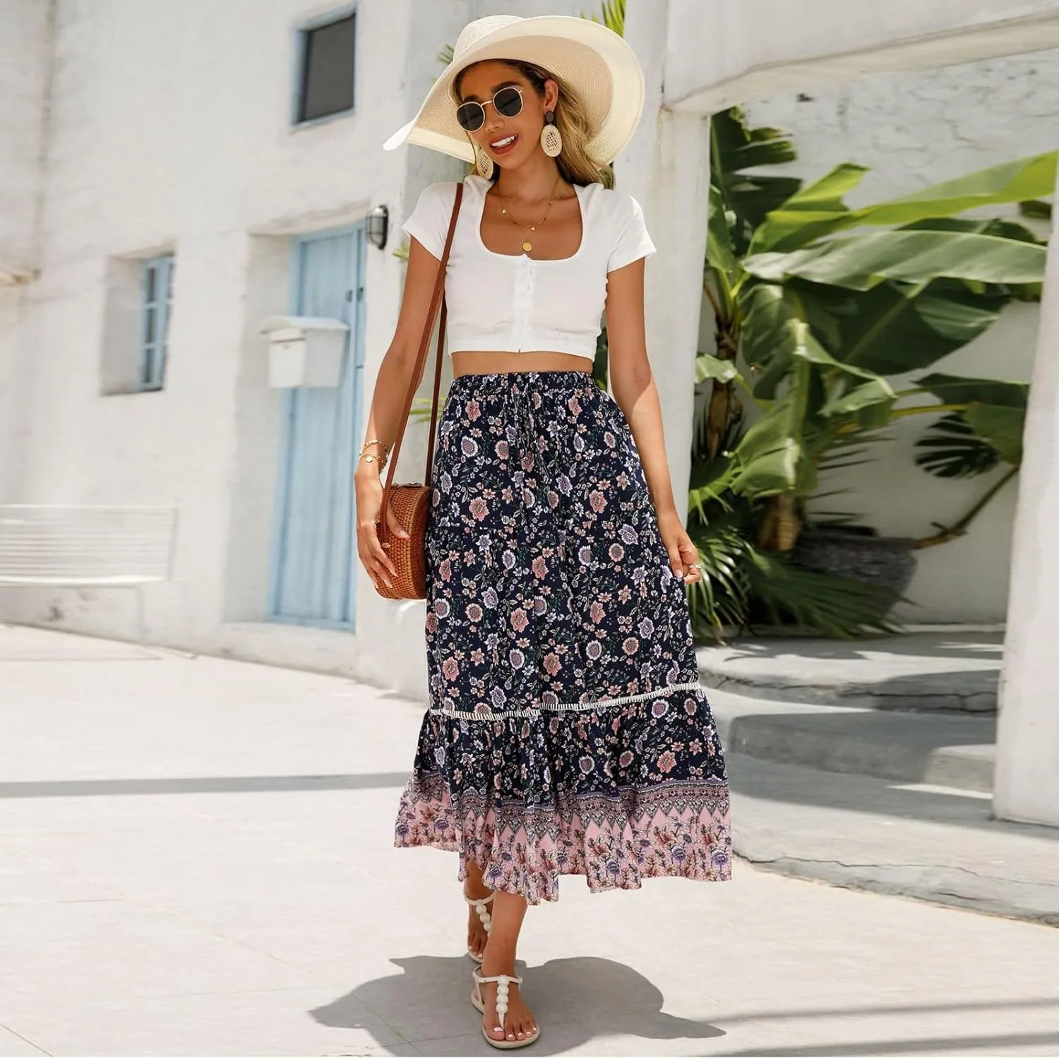 Women's 2025 Boho Skirt High Waist Floral Pleated Tiered Beach Flowy A Line Maxi Skirt, S-XL