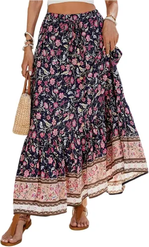 Women's 2025 Boho Skirt High Waist Floral Pleated Tiered Beach Flowy A Line Maxi Skirt, S-XL
