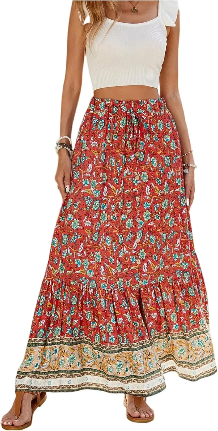 Women's 2025 Boho Skirt High Waist Floral Pleated Tiered Beach Flowy A Line Maxi Skirt, S-XL