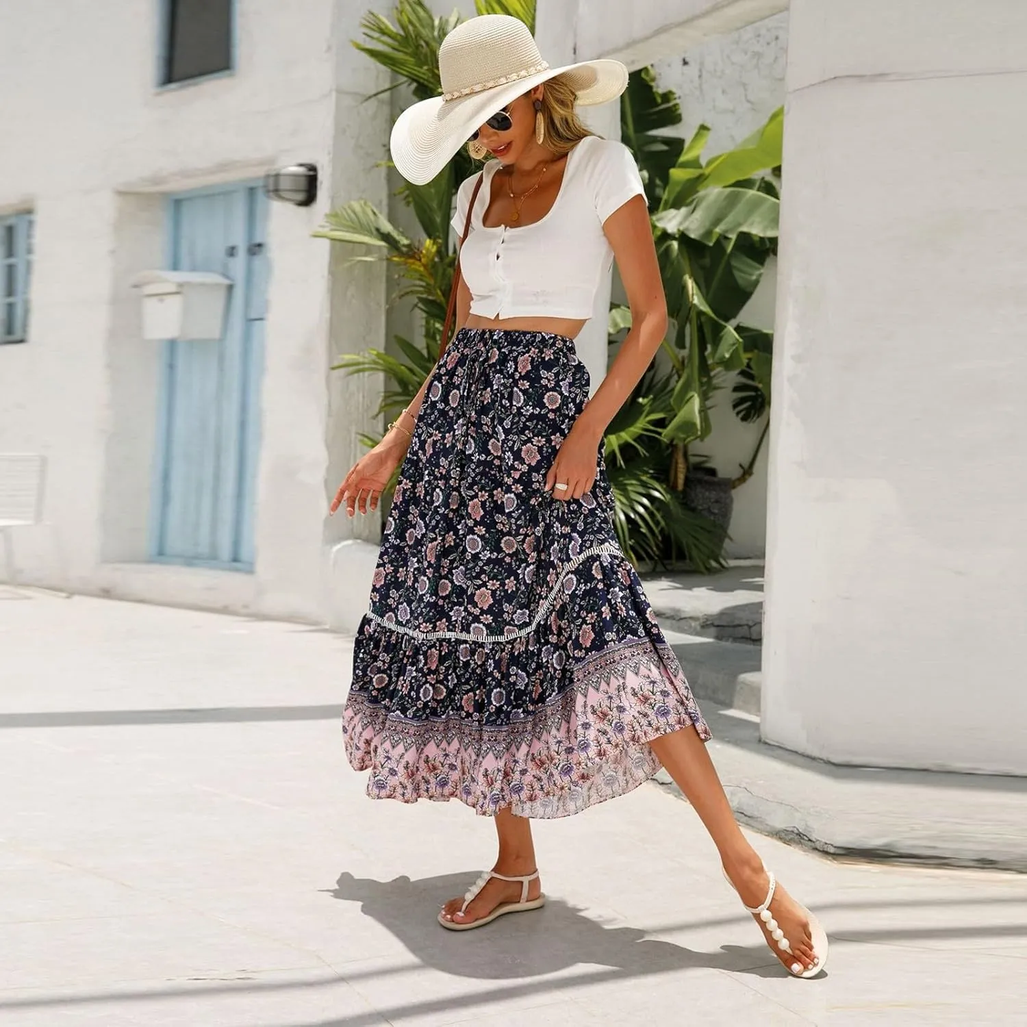 Women's 2025 Boho Skirt High Waist Floral Pleated Tiered Beach Flowy A Line Maxi Skirt, S-XL