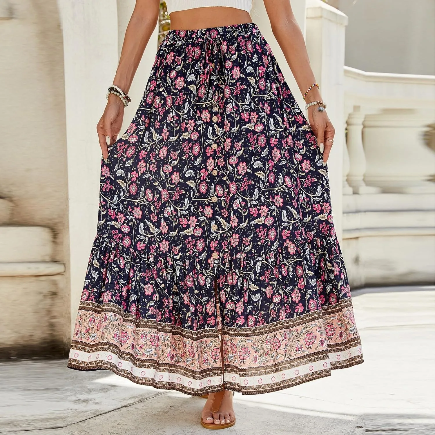 Women's 2025 Boho Skirt High Waist Floral Pleated Tiered Beach Flowy A Line Maxi Skirt, S-XL