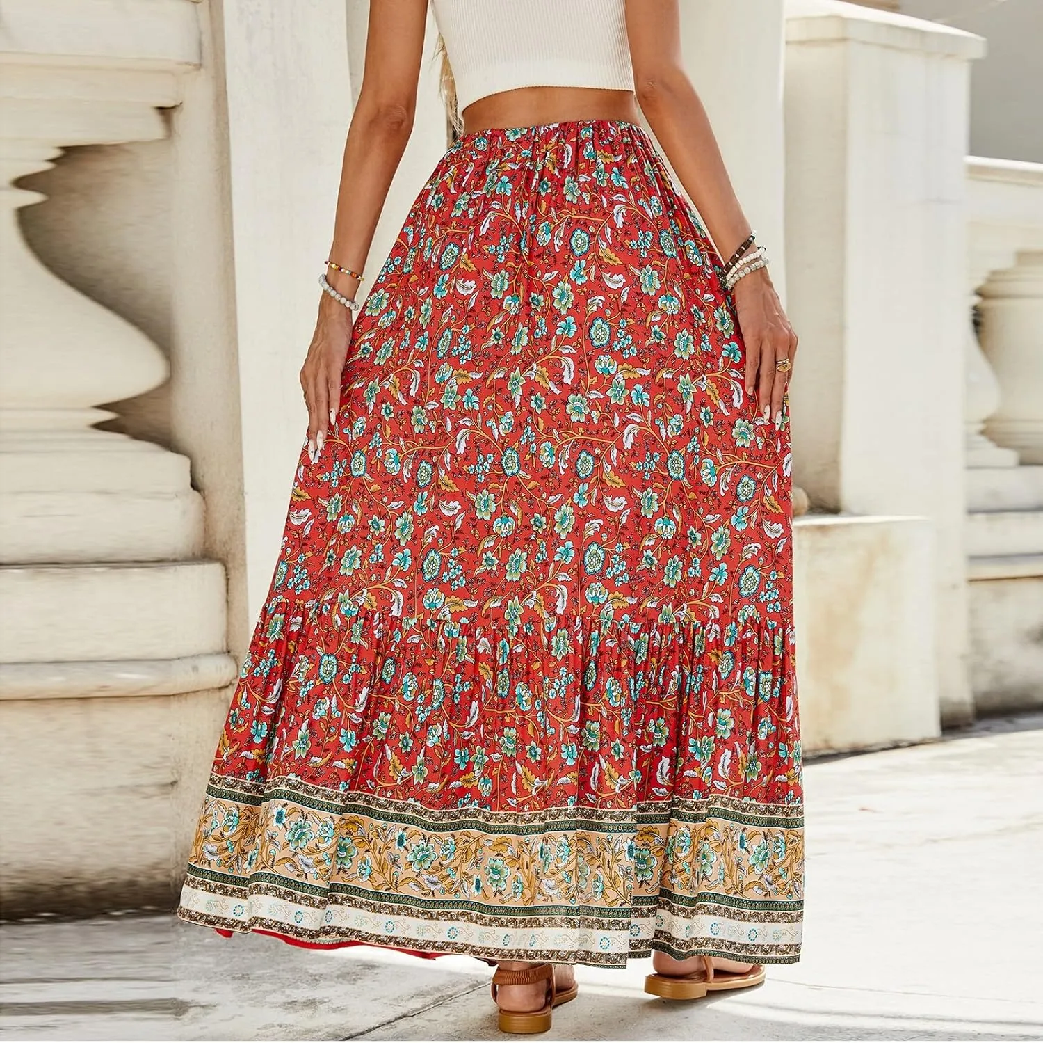 Women's 2025 Boho Skirt High Waist Floral Pleated Tiered Beach Flowy A Line Maxi Skirt, S-XL