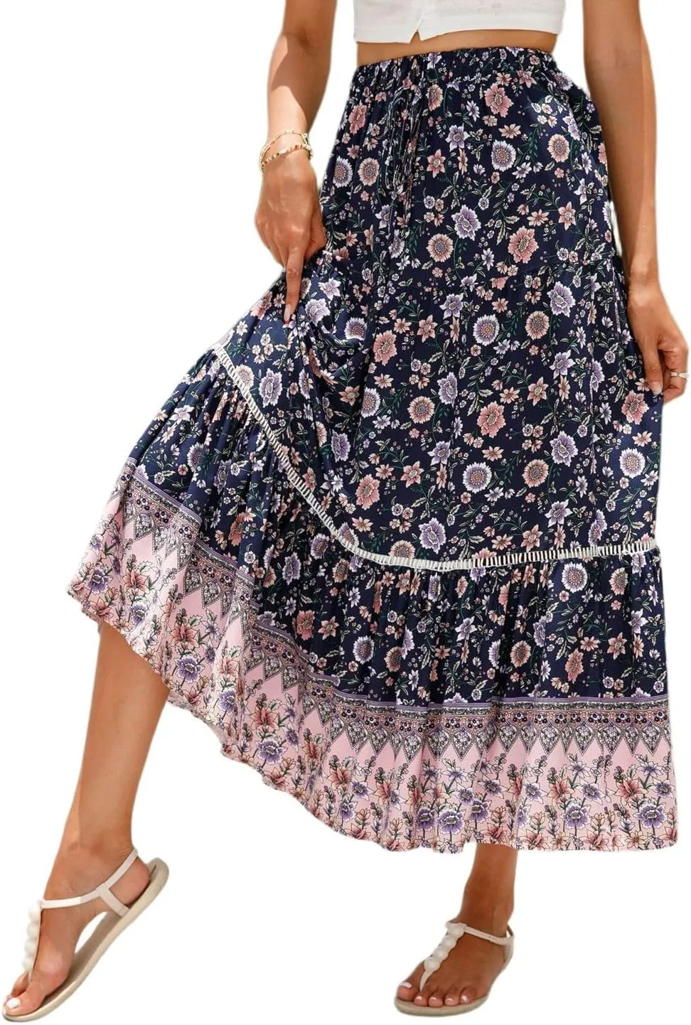 Women's 2025 Boho Skirt High Waist Floral Pleated Tiered Beach Flowy A Line Maxi Skirt, S-XL