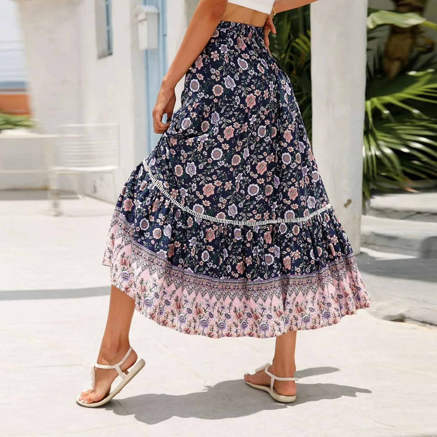 Women's 2025 Boho Skirt High Waist Floral Pleated Tiered Beach Flowy A Line Maxi Skirt, S-XL