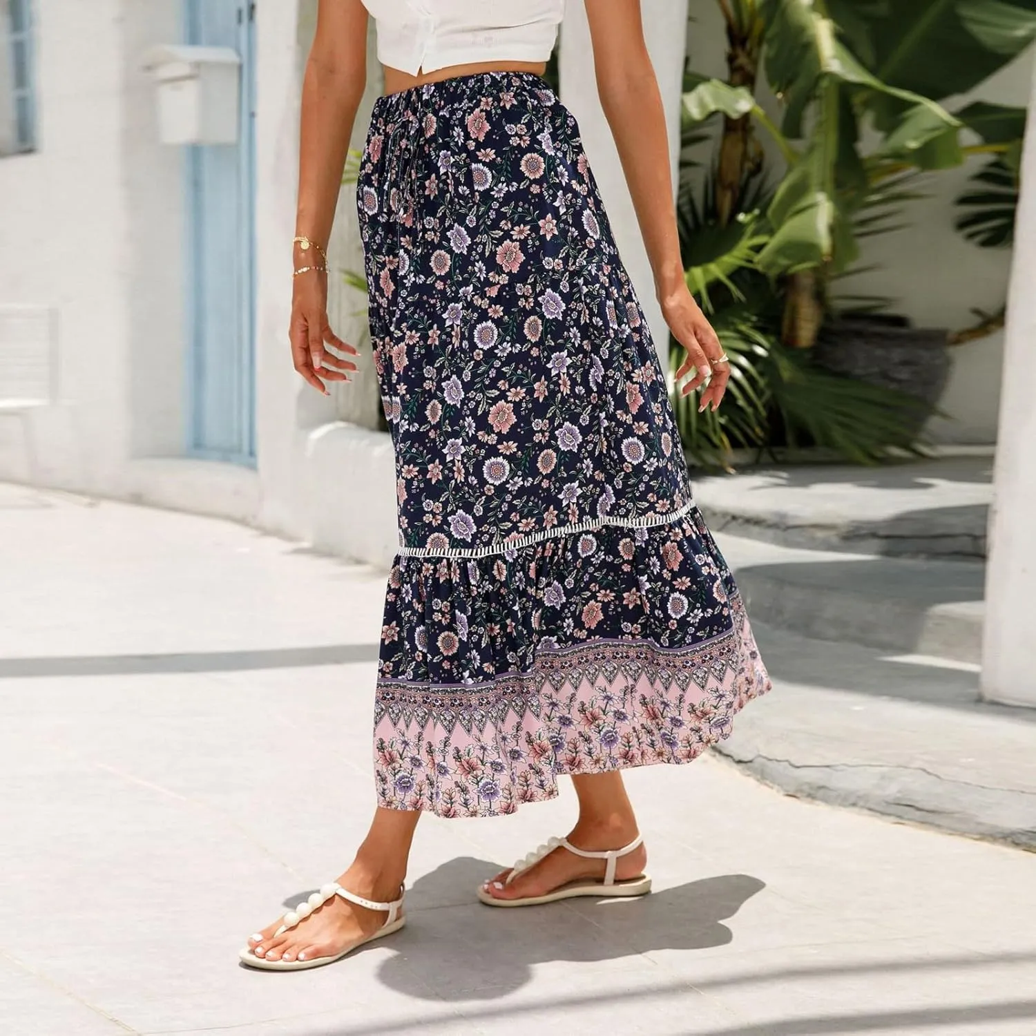 Women's 2025 Boho Skirt High Waist Floral Pleated Tiered Beach Flowy A Line Maxi Skirt, S-XL