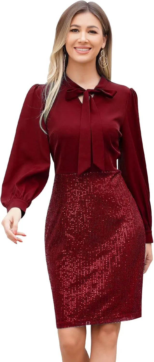 Womens 3/4 Sleeve V Neck Sequin Sparkle Glitzy Glam Flapper Party Dress Cocktail Glitter Bodycon Wedding Evening Clubwear