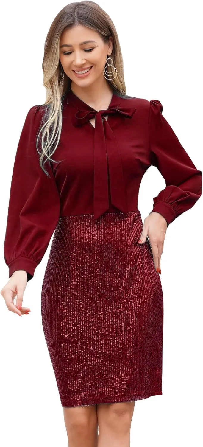 Womens 3/4 Sleeve V Neck Sequin Sparkle Glitzy Glam Flapper Party Dress Cocktail Glitter Bodycon Wedding Evening Clubwear
