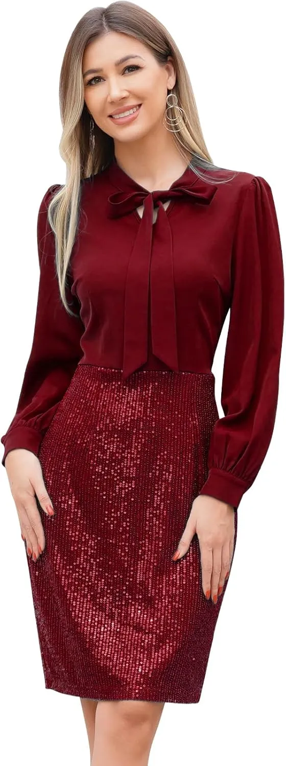 Womens 3/4 Sleeve V Neck Sequin Sparkle Glitzy Glam Flapper Party Dress Cocktail Glitter Bodycon Wedding Evening Clubwear