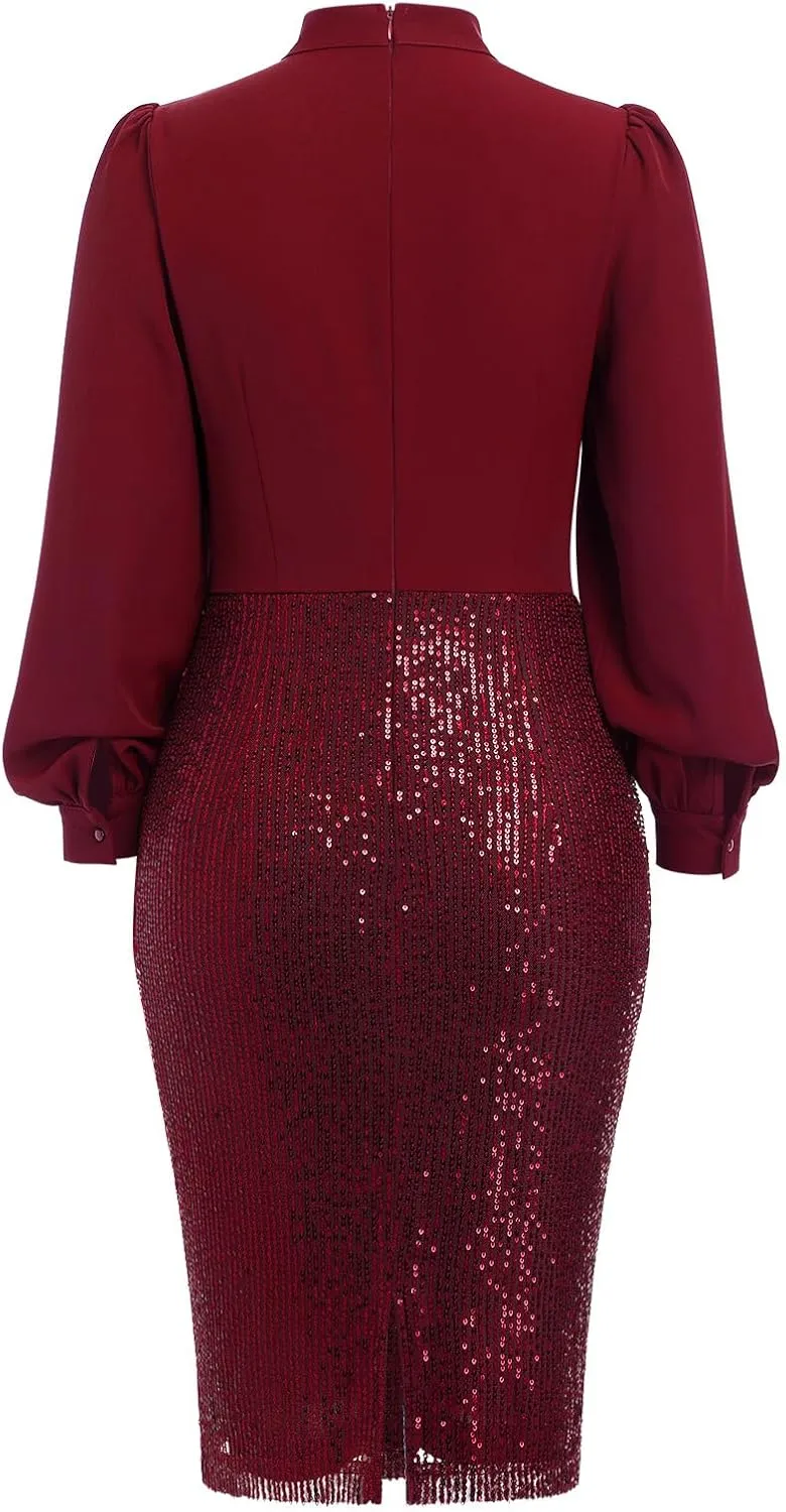 Womens 3/4 Sleeve V Neck Sequin Sparkle Glitzy Glam Flapper Party Dress Cocktail Glitter Bodycon Wedding Evening Clubwear