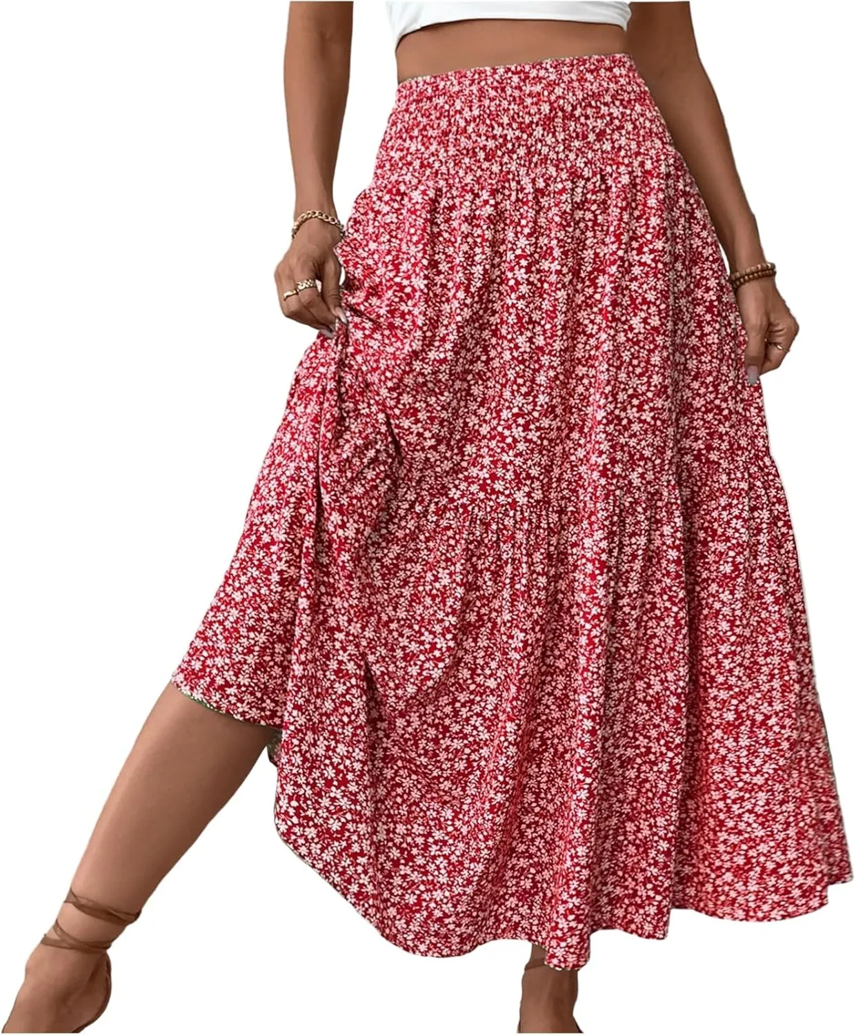 Women's Boho Skirts Summer Casual Loose Trendy Elastic Waist Floral Printed Bohemian Flowy A-Line Skirt 2025, S-XL