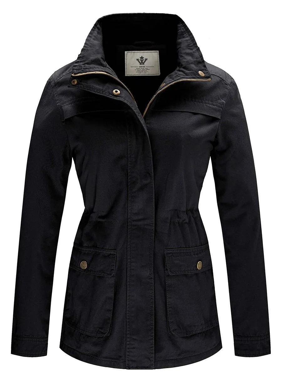 Women's Casual Military Jacket Cotton Stand Collar Utility Anorak Jacket