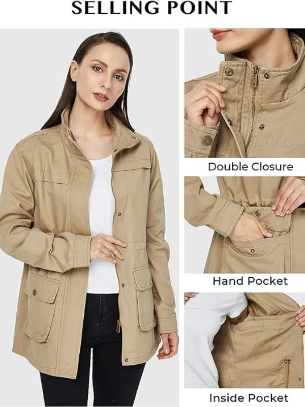 Women's Casual Military Jacket Cotton Stand Collar Utility Anorak Jacket