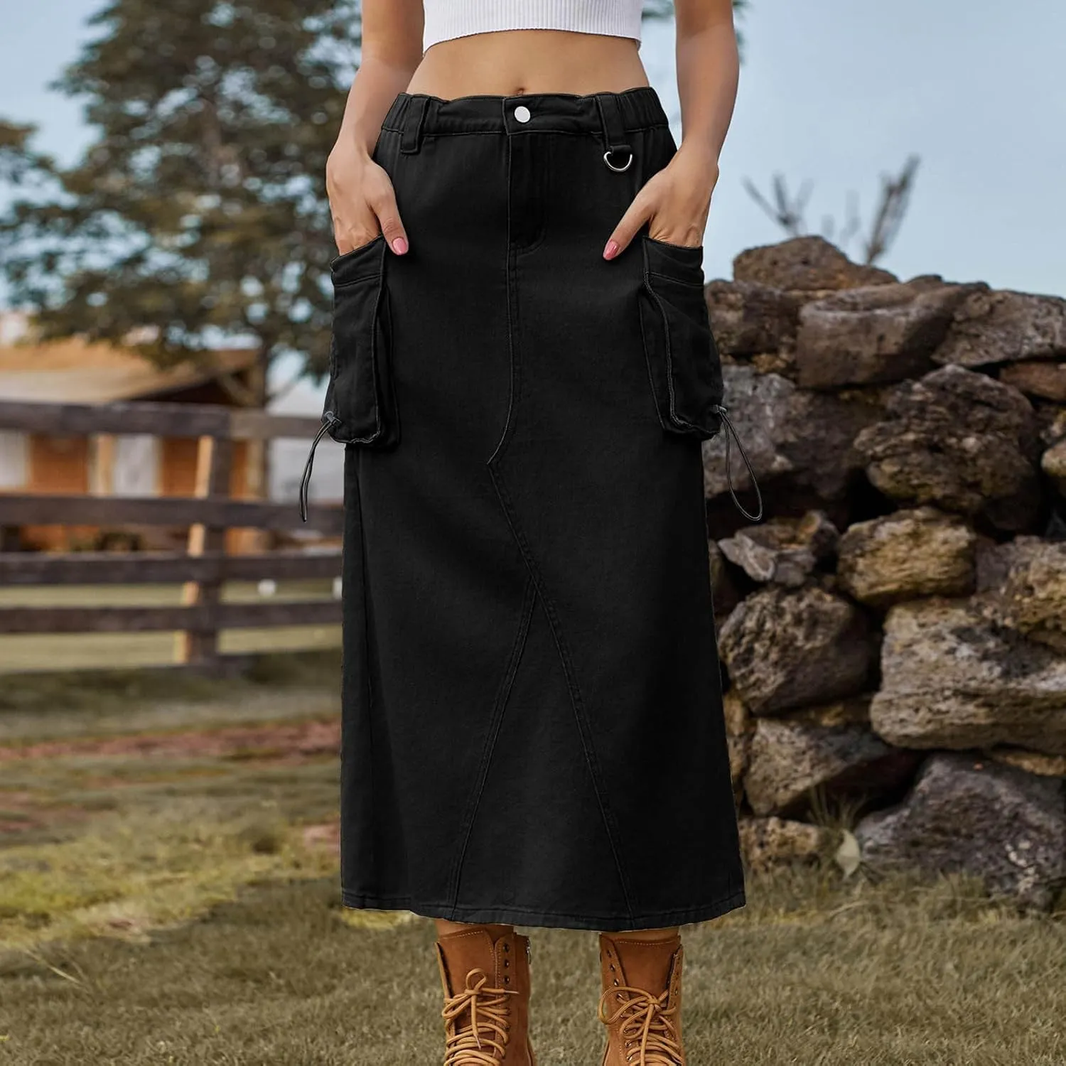 Women's Denim Cargo Long Skirts Casual Elastic High Waisted Pencil Skirt Midi Length Jean Skirts with Cargo Pockets