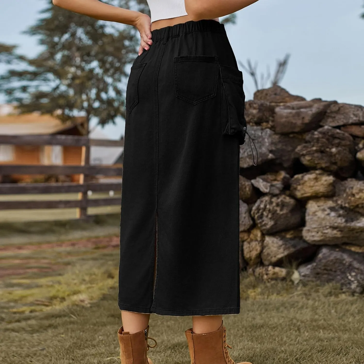 Women's Denim Cargo Long Skirts Casual Elastic High Waisted Pencil Skirt Midi Length Jean Skirts with Cargo Pockets