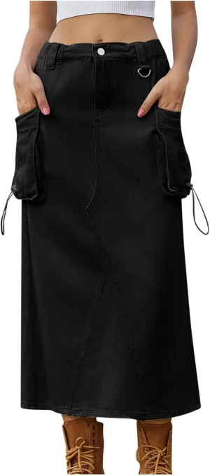 Women's Denim Cargo Long Skirts Casual Elastic High Waisted Pencil Skirt Midi Length Jean Skirts with Cargo Pockets