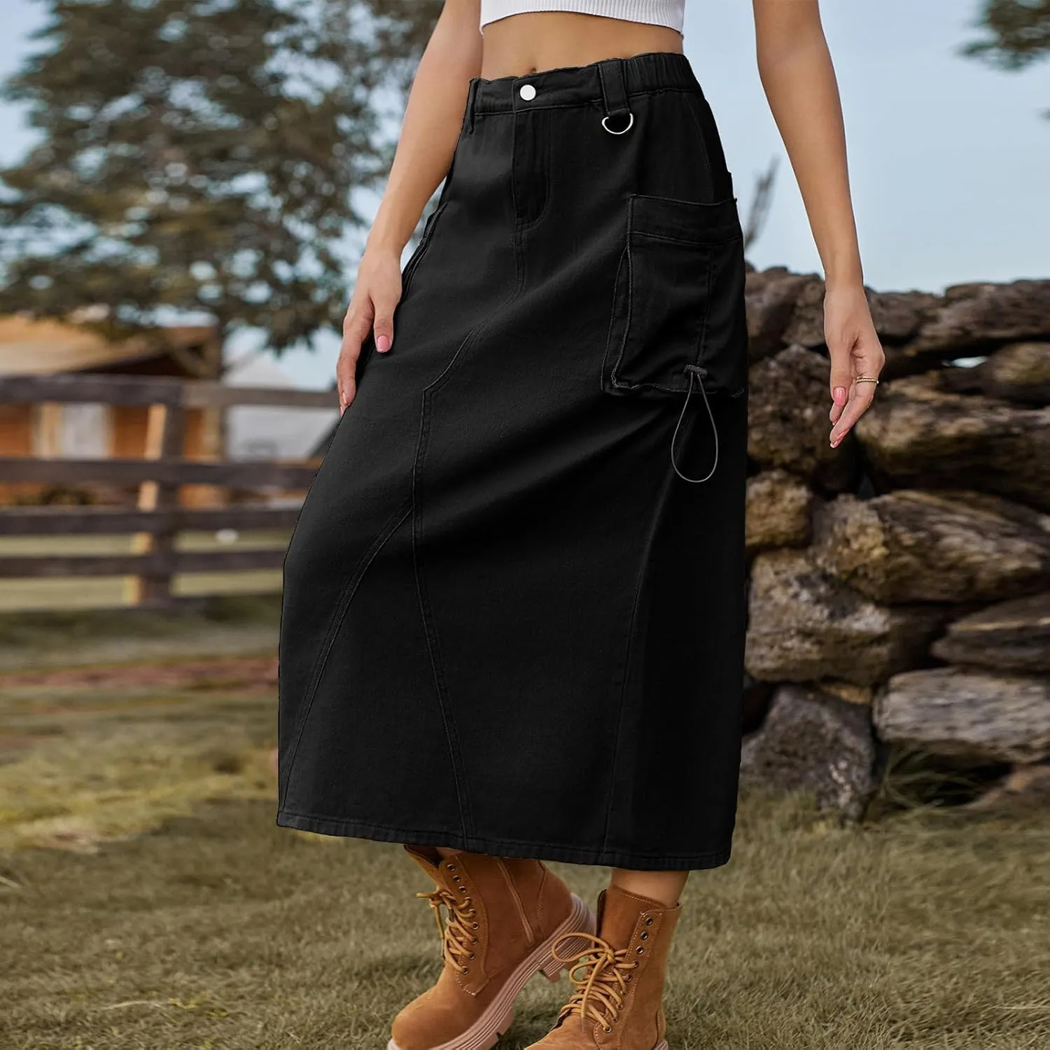 Women's Denim Cargo Long Skirts Casual Elastic High Waisted Pencil Skirt Midi Length Jean Skirts with Cargo Pockets