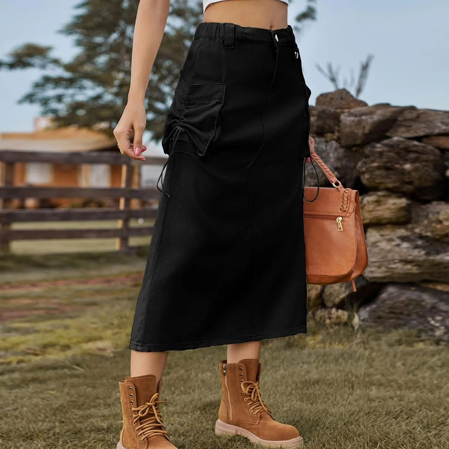 Women's Denim Cargo Long Skirts Casual Elastic High Waisted Pencil Skirt Midi Length Jean Skirts with Cargo Pockets