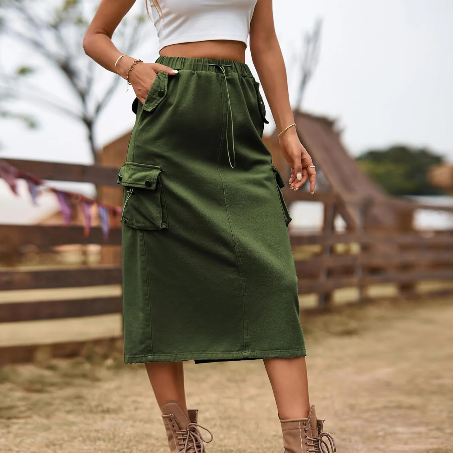 Women's Denim Cargo Long Skirts Elastic High Waisted Pencil Skirt Casual Midi Length Jean Skirt with Cargo Pockets