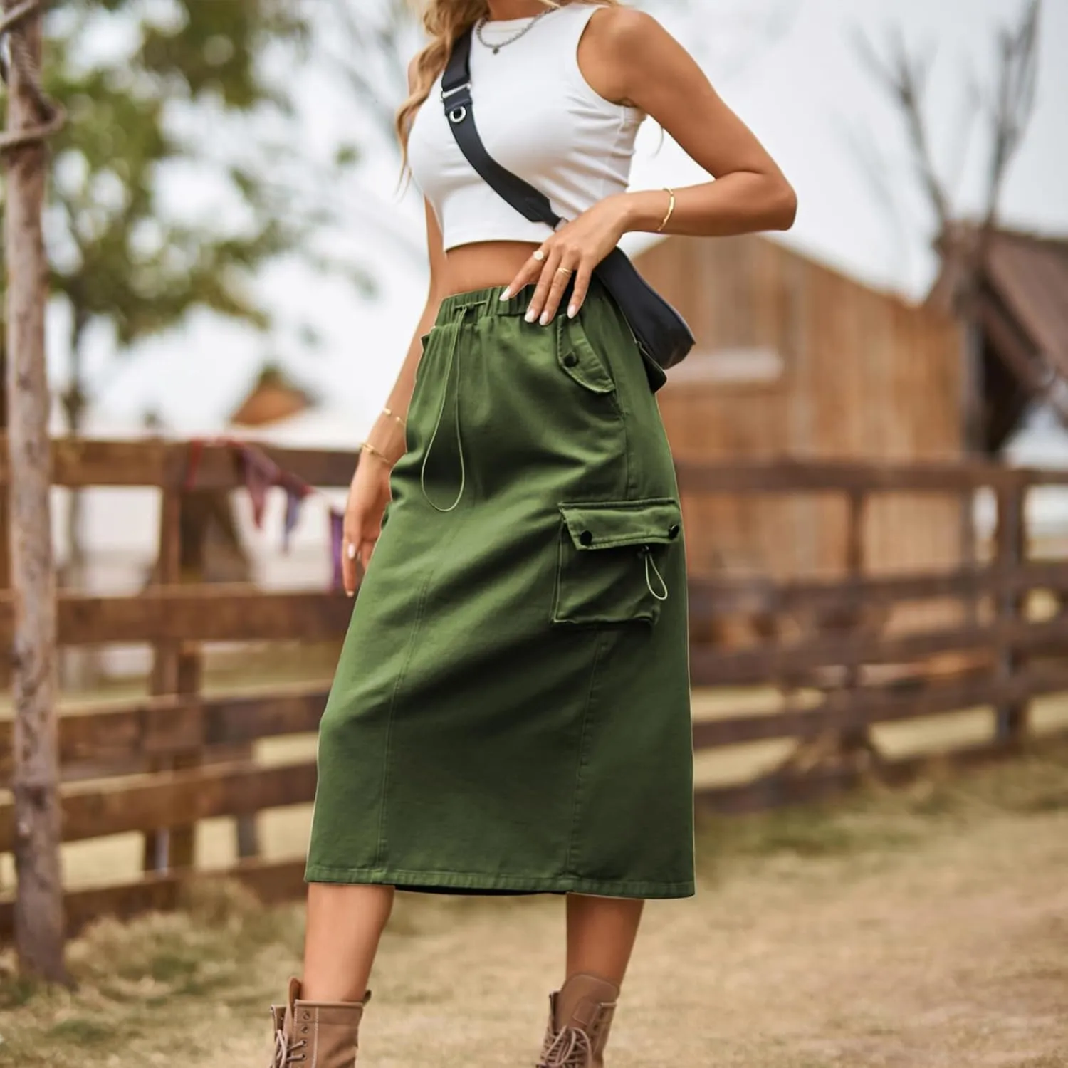 Women's Denim Cargo Long Skirts Elastic High Waisted Pencil Skirt Casual Midi Length Jean Skirt with Cargo Pockets