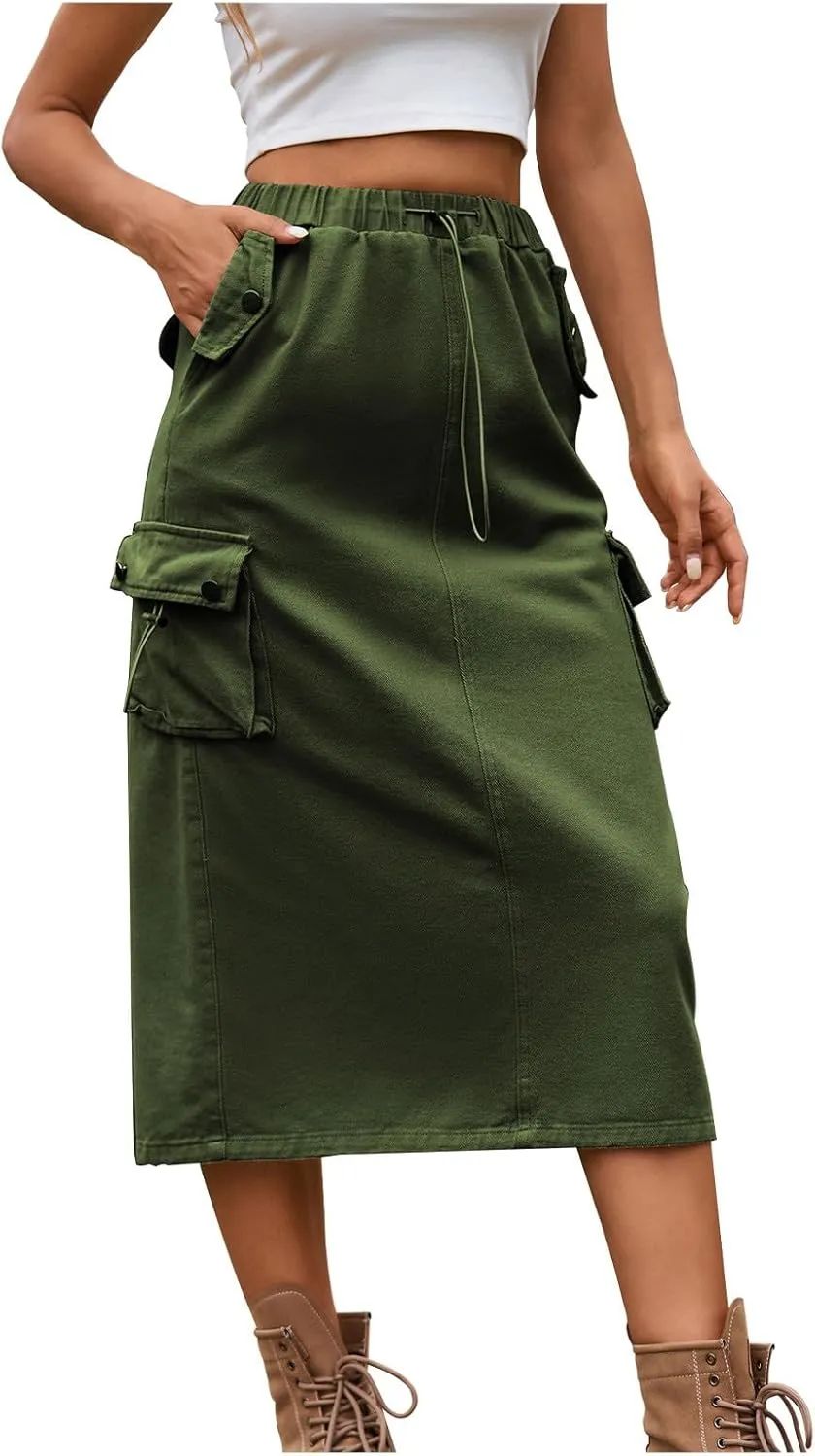 Women's Denim Cargo Long Skirts Elastic High Waisted Pencil Skirt Casual Midi Length Jean Skirt with Cargo Pockets