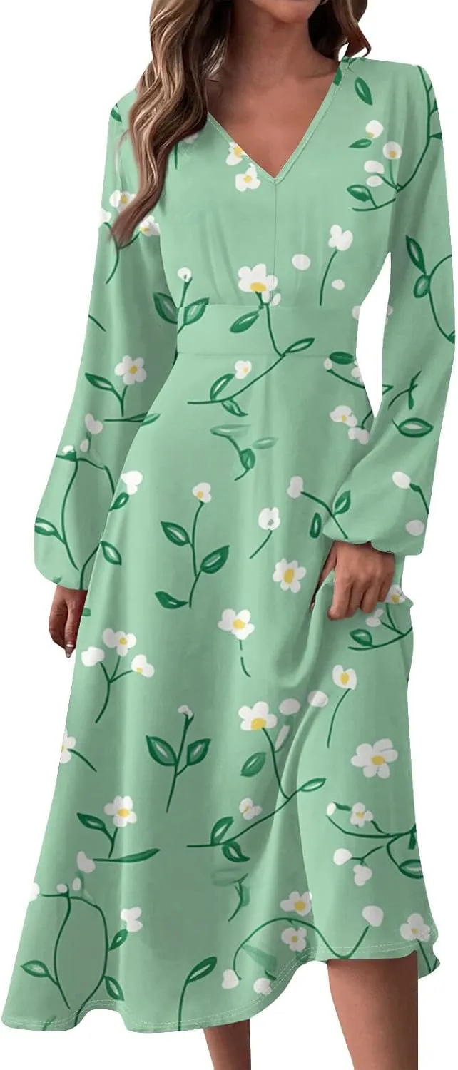 Womens Dresses Spring 2025 Long Sleeve V Neck A-Line Dress Trendy Cruise Wear Classy Outfits Casual Boho Clothes