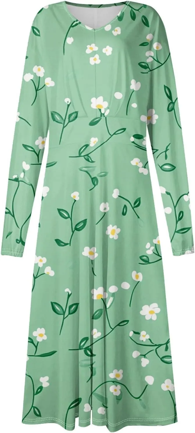 Womens Dresses Spring 2025 Long Sleeve V Neck A-Line Dress Trendy Cruise Wear Classy Outfits Casual Boho Clothes