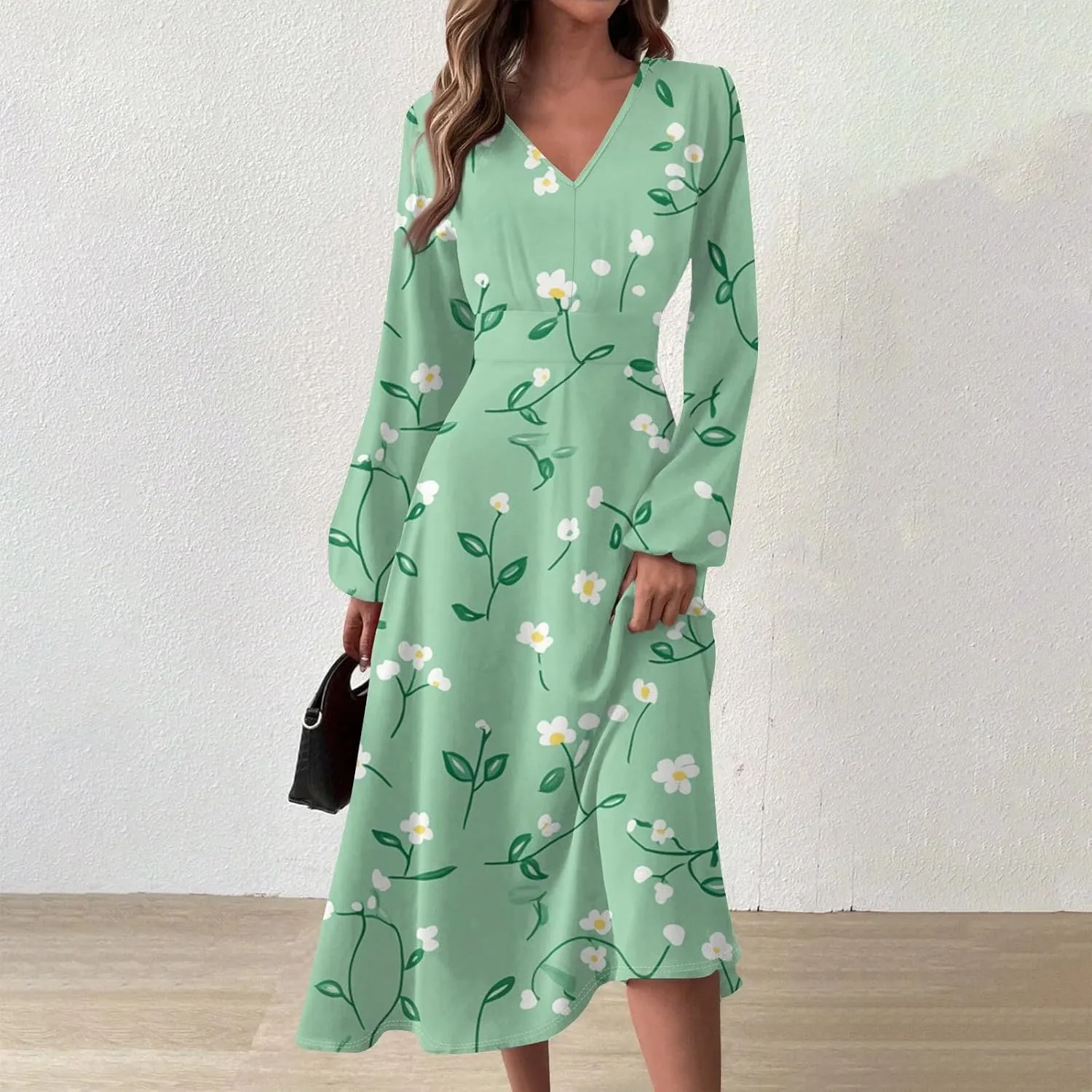 Womens Dresses Spring 2025 Long Sleeve V Neck A-Line Dress Trendy Cruise Wear Classy Outfits Casual Boho Clothes