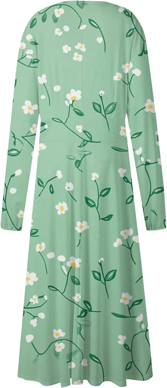Womens Dresses Spring 2025 Long Sleeve V Neck A-Line Dress Trendy Cruise Wear Classy Outfits Casual Boho Clothes