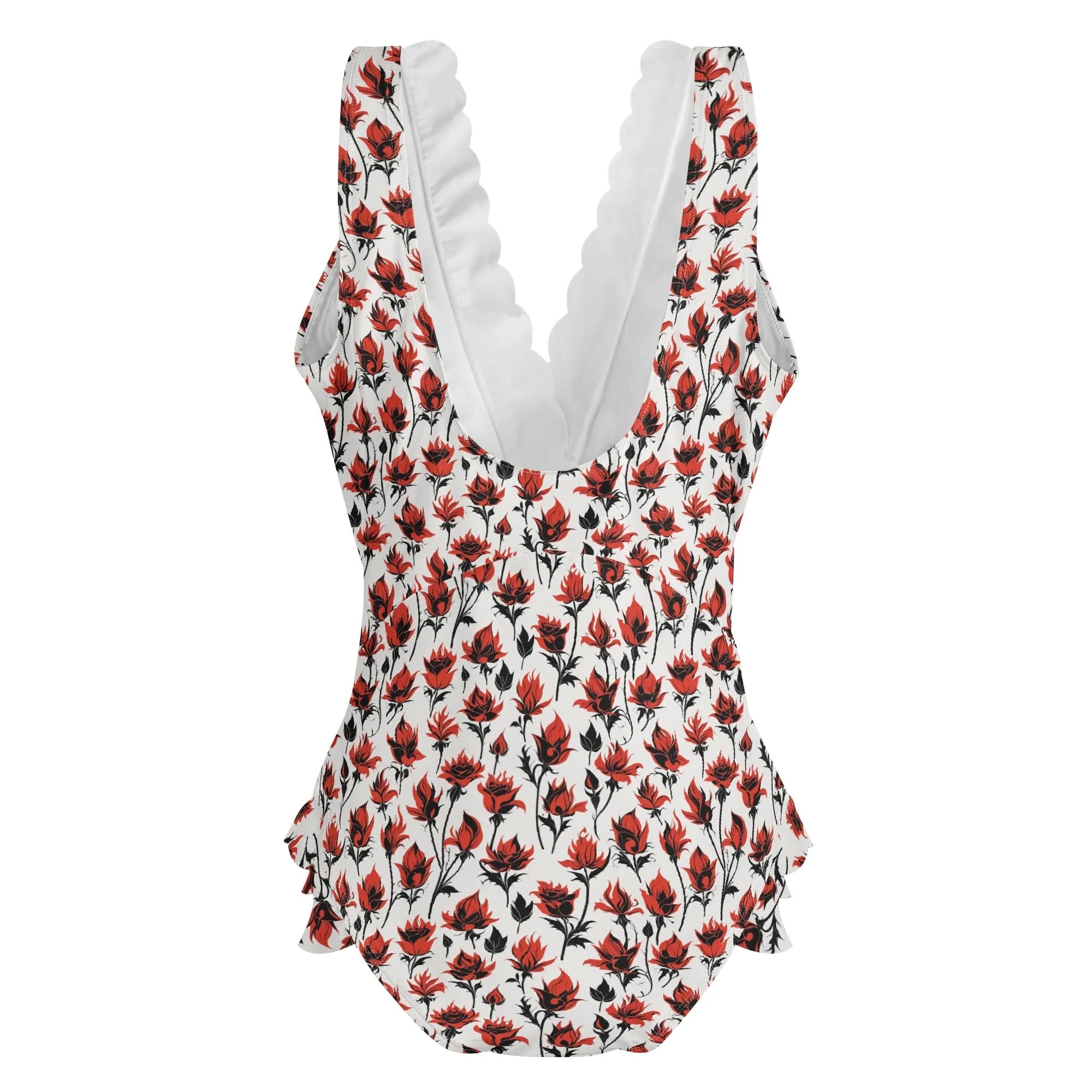 Womens Floral Fire Ruffle Edge Cross-Front One Piece Swimsuit Bathing Suit
