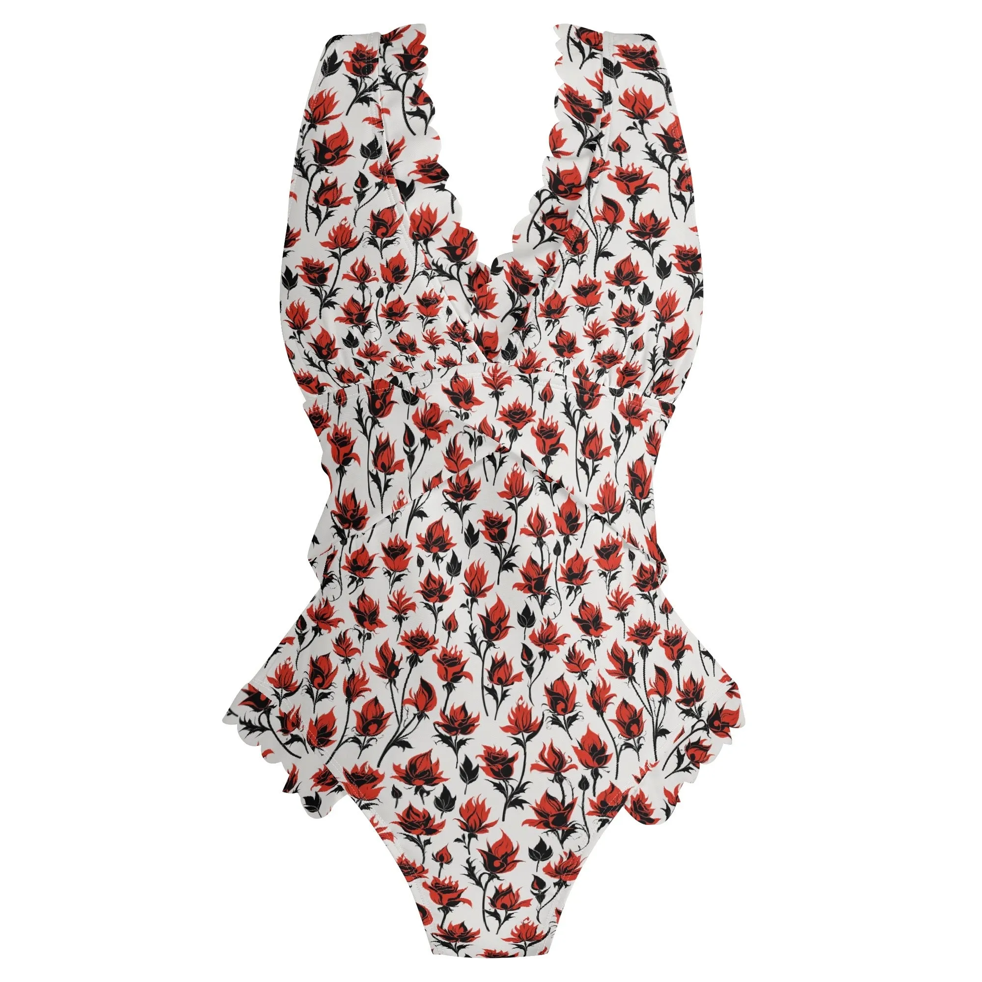 Womens Floral Fire Ruffle Edge Cross-Front One Piece Swimsuit Bathing Suit