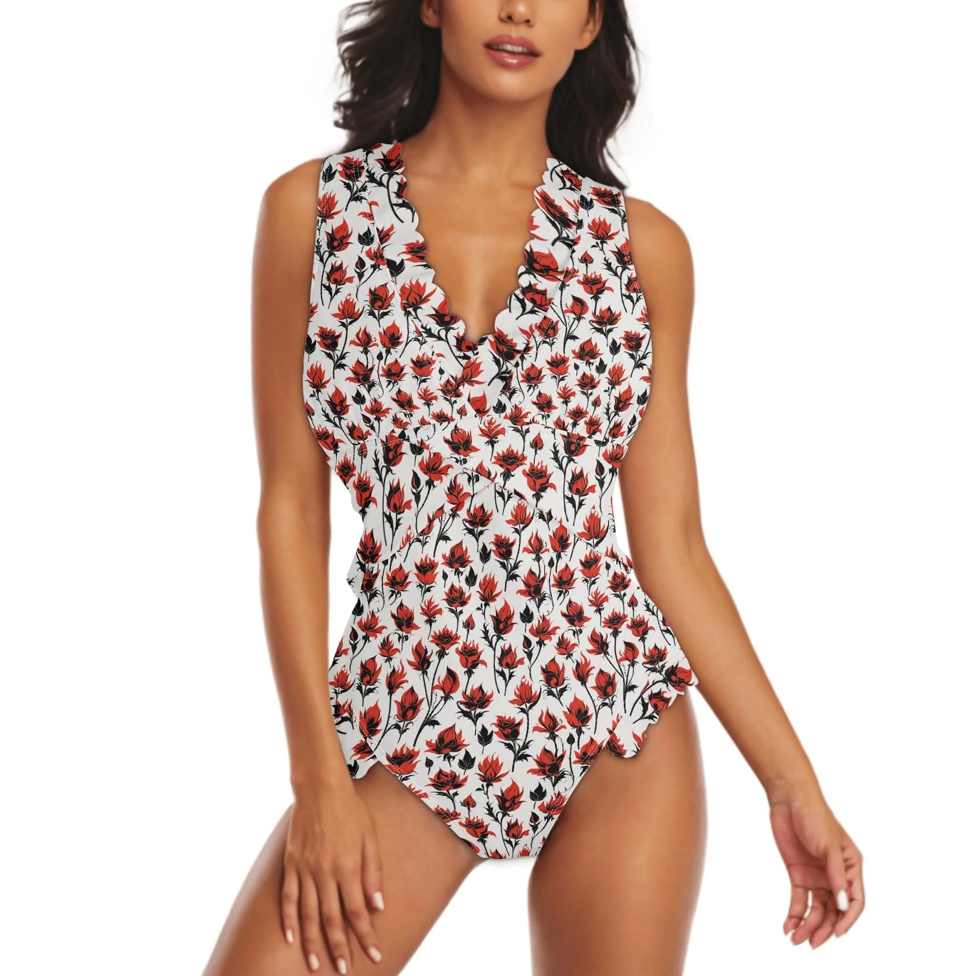 Womens Floral Fire Ruffle Edge Cross-Front One Piece Swimsuit Bathing Suit