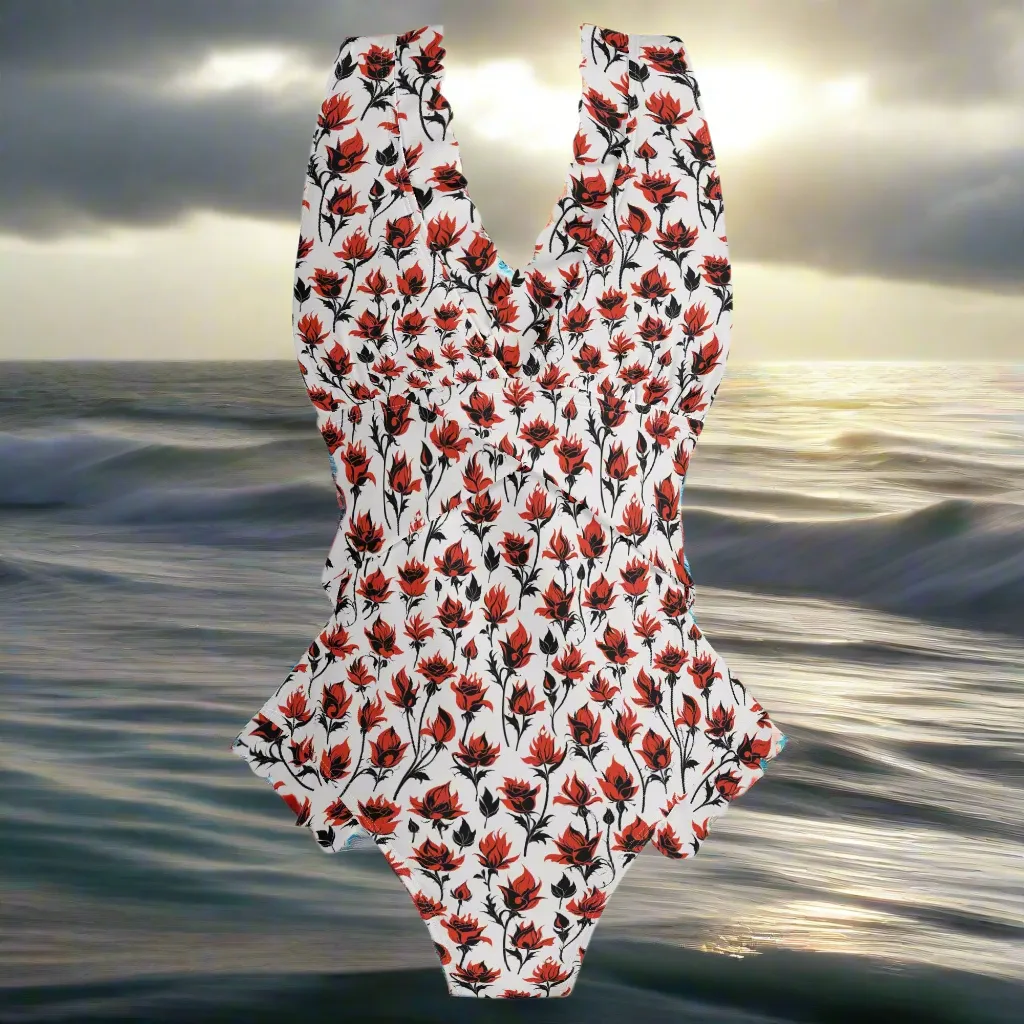 Womens Floral Fire Ruffle Edge Cross-Front One Piece Swimsuit Bathing Suit